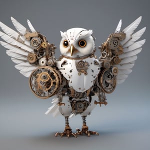 steampunk style,a white bird with gears attached to it's wings, mechanical bird, mechanical cute bird, robot bird, a surrealistic bird, mechanical owl, 3d rendered steampunk, intricate mechanical body, hyper detailed 3 d render, hyper detailed 3d render, mechanical wings, houdini 3 d render, surrealistic bird, digital steampunk art, white biomechanical details