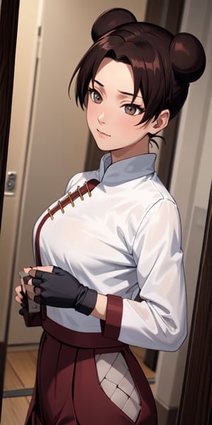 Tenten, black hair, brown eyes, two buns hair, masterpiece, best quality, highres, long-sleeved, high-collared white blouse with maroon edges, black fingerless gloves, puffy hakama-styled pants, revealing outfit, big breasts, medium shot, mature face