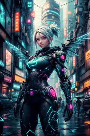 a medium shot of a cyberpunk-themed Jett from Valorant with sleek, neon-lit armor, and robotic wings emitting blue energy trails, with her abilities featuring digital glitch effects, set in a high-tech cityscape with neon signs, holograms, and rain-soaked streets, valorantJett, C7b3rp0nkStyle