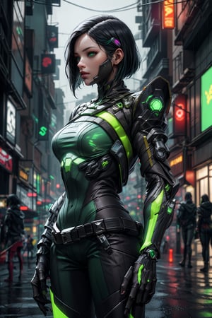 deadly agent clad in sleek, toxic green armor with cyberpunk-inspired neon accents and a high-tech mask, navigating through a futuristic cityscape filled with holographic billboards and rain-soaked streets, valorantviper