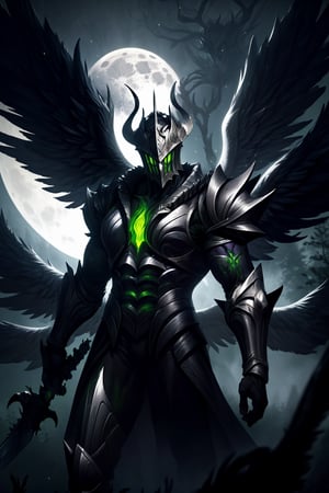 Argus with dark armor, tattered ethereal wings, with black sword, the surrounding should be a dark, misty forest with eerie shadows, ghostly figures, and a full moon casting an ominous glow, Argus_ML