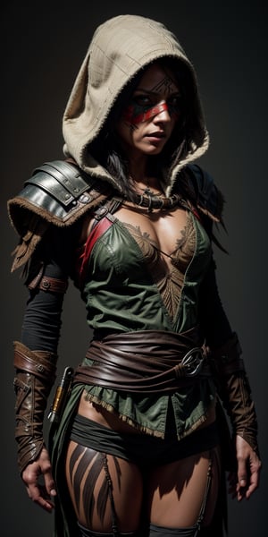 An assassin's creed character, hood, Blend tribal Amazonian warrior attire with assassin gear. Use feathers, body paint, and natural materials, Bright greens, browns, and reds. Use feathers, leather, and natural fibers, and a mask with night vision capabilities, neutral grey background, masterful painting in the style of Anders Zorn | Marco Mazzoni | Yuri Ivanovich, Aleksi Briclot, Jeff Simpson, digital art painting style