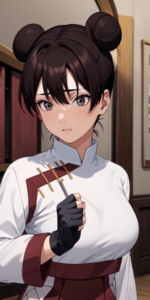 Tenten, black hair, brown eyes, two buns hair, masterpiece, best quality, highres, long-sleeved, high-collared white blouse with maroon edges, black fingerless gloves, puffy hakama-styled pants, revealing outfit, big breasts, medium shot, mature face
