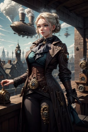 a medium shot of a steampunk-themed Jett with brass and blue and white leather attire, and gears, with her abilities incorporating steam and clockwork visuals, set against the backdrop of a Victorian-era city filled with airships and steam-powered contraptions, valorantJett, ,Steampunk style 