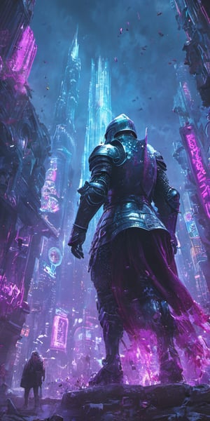 medieval and futuristic elements, with a knight in shining armor navigating a bustling, neon-lit metropolis atop a majestic unicorn, cyberpunk city,night city,soul knight