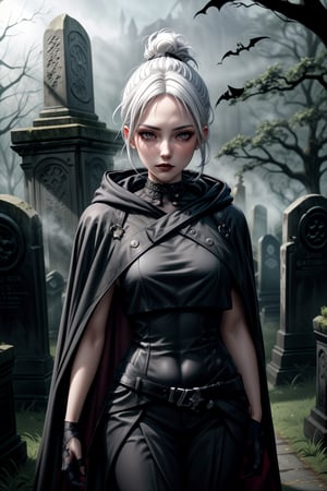 a medium shot of a gothic-themed Jett with dark, elegant attire, White hair, a dramatic cloak, with her abilities enhanced by shadowy and spectral effects, set against the eerie backdrop of a haunted, misty graveyard with ancient tombstones and gnarled trees, valorantJett,Gothic, short ponytail,Aesthetic