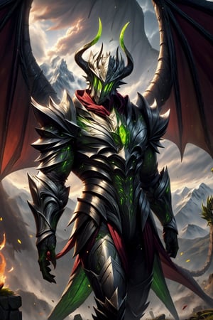 Argus with dragon scale armor, large dragon wings. The surrounding should be a majestic mountain range with ancient ruins, and a fiery sky, Argus_ML