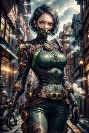 a steampunk-themed Viper featuring brass and leather armor, mechanical gears, and a vintage gas mask emitting green steam, with her abilities showcasing intricate clockwork effects, set in a Victorian-era city filled with steam-powered machines and cobblestone streets, valorant viper,steam4rmor