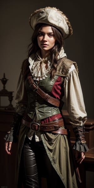 An assassin's creed character, hood, Renaissance fashion with rugged pirate gear. Incorporate ruffled shirts, embroidered vests, and leather belts with buckles, Rich, earthy tones like burgundy, forest green, and gold. Use velvet, brocade, and weathered leather, Hidden flintlock pistol, a parrying dagger disguised as a decorative accessory, and a tri-corner hat with a built-in spyglass, neutral grey background, masterful painting in the style of Anders Zorn | Marco Mazzoni | Yuri Ivanovich, Aleksi Briclot, Jeff Simpson, digital art painting style