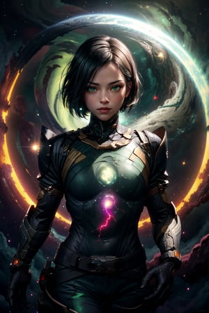a medium shot of a galactic-themed Viper skin with starry, cosmic armor, a helmet with a translucent visor displaying a nebula, and green, luminescent lines, with her abilities manifesting as bursts of cosmic energy, set against the backdrop of a vast, star-filled galaxy with distant planets and swirling nebulae, valorant viper,xyzabcplanets