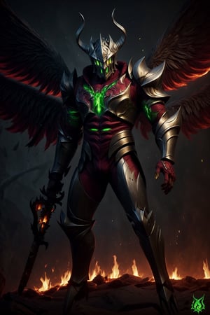 Argus with demonic armor, fiery red and black colors, molten wings, and a blazing inferno sword, photorealistic, Argus_ML