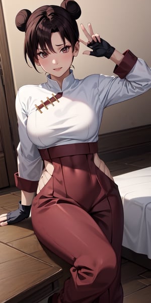 Tenten, black hair, brown eyes, two buns hair, masterpiece, best quality, highres, long-sleeved, high-collared white blouse with maroon edges, black fingerless gloves, puffy hakama-styled pants, tight outfit, big breasts, medium shot, sexy pose, mature face