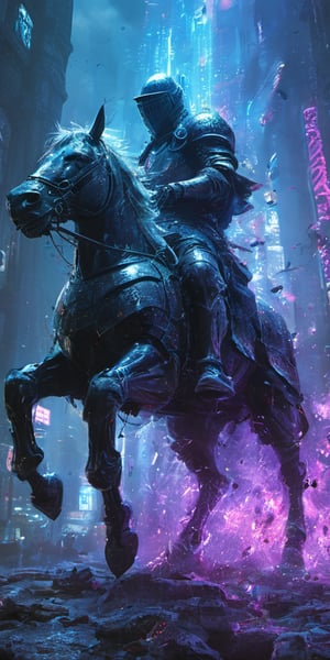 medieval and futuristic elements, with a knight in shining armor navigating a bustling, neon-lit metropolis atop a majestic unicorn, cyberpunk city,night city,soul knight