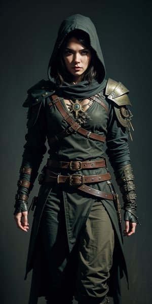 An assassin's creed character, hood, traditional samurai armor with steampunk aesthetics. Incorporate brass gears, leather straps, and mechanical enhancements, dark metals, aged leather, and rich fabrics. Add glowing blue or green accents to highlight the steampunk tech, neutral grey background, masterful painting in the style of Anders Zorn | Marco Mazzoni | Yuri Ivanovich, Aleksi Briclot, Jeff Simpson, digital art painting style