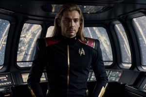 ((1male)), blond hair, (((long hair))), Pleiadian, Nordic Caucasian, Ashtar Sheran, sharp face, blue skin tight space suit, (((logo gold star trek on chest))), bleu eyes, gentle eyes, extremely pale skin, shapeshifter, fantasy, otherworldly atmosphere, high quality, UE5, super detailed, Photorealistic, smirked, without helmet, inside of spaceship,