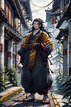  Suguru is a tall, slim man with long black hair  ,fighting , traditional_temple_japan, acient_japan  ,smile, fighting style ready for action , using cursis power
