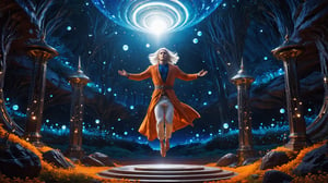 (Cinematic of a zen man Nordic kind, white long hair, he_levitating:2, he flying, calm, upper_body. Wearing Blue Outfit Dune style, serene, center), inside a deep orange Cave, perfect knuckles, holding a hovering Cristal sharpen, cultivating immortals, magical, abstract, dark, (swirling_lights:1.7), bloom, floating objects, Accient Tree of Life, light on top heaven, ((Epic scene, gate energy)), refers to a place of wild uproar or chaos, polarization, Glowing, aura, energy, floating debris. Modern art style, promptshare.art, horrible scene, Film Still, realistic, Frequency vibration, hyper details, Renaissance Sci-Fi Fantasy, ((((Close-up shot:2)))