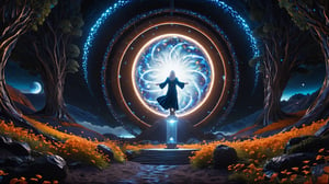 (Cinematic of a zen man Nordic kind, white long hair, he_levitating:2, he flying, calm. Wearing Blue Outfit Dune style, serene, center), inside a deep orange Cave, perfect knuckles, holding a hovering Cristal sharpen, cultivating immortals, magical, abstract, dark, (swirling_lights:1.7), bloom, floating objects, Accient Tree of Life, light on top heaven, ((Epic scene, gate energy)), refers to a place of wild uproar or chaos, polarization, Glowing, aura, energy, floating debris. Modern art style, promptshare.art, horrible scene, Film Still, realistic, Frequency vibration, hyper details, Renaissance Sci-Fi Fantasy, ((((Close-up shot:2)))