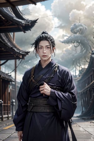 1boy, sharp focus, dynamic, (natural skin texture, hyperrealism:1.25), (skinny:1.25), spiral inside sphere, pale skin, crazy looking at viewer, staring, upper body, sunny day, black smoke background, long kimono, anime, getou, character_getou, black hair, r1ge, Cursed energy, jujutsu_kaisen:1.4,sketch,Dragon