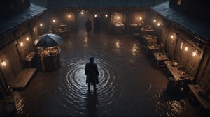 (((view from above, looking down, close up shot))), Cinematic of group man in black coats, Fedora hat, standing around a man dead on stable, wet, mire, dark scene, heavy rain, mid-century. Film Still, realistic, dark color, hyper details, ((center:1.5)), top_view:2, circle, Masterpiece, 8k Resolution Artstation, Unreal Engine 5, Cgsociety, Octane Photograph, sharp focus