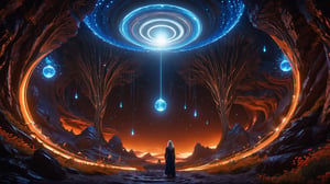 (Cinematic of a zen Nordic man kind, white long hair, hovering body, meditate. Wearing Blue Outfit Dune style, serene), inside a deep orange Cave, perfect knuckles, holding a hovering Cristal sharpen, cultivating immortals, magical, abstract, dark, (swirling_lights:1.7), bloom, floating object, light on top heaven, ((Epic scene, gate energy)), refers to a place of wild uproar or chaos, polarization, Glowing, aura, energy, floating debris. Modern art style, promptshare.art, horrible scene, Film Still, realistic, Frequency vibration, hyper details, Renaissance Sci-Fi Fantasy, (Closeup_shot:2)
