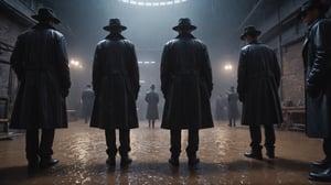 (((view from below, looking down, close up shot, First-person camera))), Cinematic of 4 men in black coats, Fedora hat, sunglasses, gloves, standing around a man as camera laying on stable, wet, mire, dark scene, heavy rain, overcast sky, mid-century. Film Still, realistic, dark color, hyper details, ((center:2)), Masterpiece, 8k Resolution Artstation, Unreal Engine 5, Cgsociety, Octane Photograph, sharp focus, Low_Angle:1.7, view from shoes to face