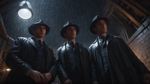 (((view from below, looking down, close up shot, First-person camera))), Cinematic of 3 men in black coats, Fedora hat, standing around a man lay on stable as camera, wet, mire, dark scene, heavy rain, mid-century. Film Still, realistic, dark color, hyper details, ((center:1.5)), top_view:2, circle, Masterpiece, 8k Resolution Artstation, Unreal Engine 5, Cgsociety, Octane Photograph, sharp focus