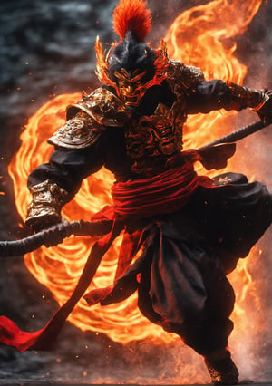 Cinematic a Black Wukong, Monkey king, black monk clothes, in inferno, growl, (levitating body, floating rock:1.4), ((anger's fiery fury)), energy_flowing_chaotic, angry vibe, dynamic pose, upper_body, Epic zenith, fantasy theme, Depth of field, Film Still, pretopasin, abstract, traditional media, casting spell, oni style,NightmareFlame, closeup, upper_body