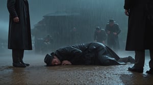(Cinematic of The first perspective is of a person lying on the ground looking up, seeing himself surrounded by a group of people wearing black coats and fedora hat in heavy rain, on stable, wet, mire, examination, overcast sky), The air was choking, they talked, dark scene, heavy rain, mid-century. Film Still, realistic, dark color, hyper details, low_view:2, moviemaker style,