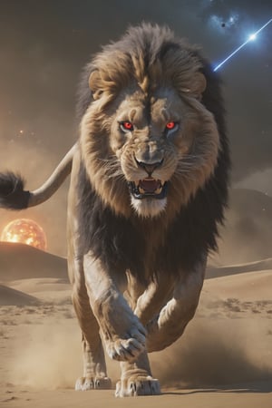 Cinematic of black_lion with glowing red eyes and wings, ultra-detailed, realistic, sharp focus, dark fierce expression, long beard, ferocious gaze, sinister grin, battle scars, strength and power, dominance, authority, proud, mythical, ancient, legendary, luxurious fur trim, deep shadows, intense eyes, full_body, Epic scene, magnetic field, ((a person wearing Outfit Dune style go ahead)). Universe, galaxy, Glowing, aura, energy, floating debris, Film Still, realistic, Venus Frequency vibration, hyper details, mad eyes, Renaissance Sci-Fi Fantasy, dust storm, High Angle, accient pagoda, Movie Poster,Sci-fi ,shards