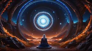 (Cinematic of a zen master Nordic man kind, white long hair, hovering body, meditate. Wearing Blue Outfit Dune style, serene), inside a deep orange Cave, perfect knuckles, holding a hovering Cristal sharpen, magical, abstract, dark, swirling lights, bloom, floating object, light on top heaven, ((Epic scene, gate energy)), refers to a place of wild uproar or chaos, polarization, Glowing, aura, energy, floating debris. Modern art style, promptshare.art, horrible scene, Film Still, realistic, Frequency vibration, hyper details, Renaissance Sci-Fi Fantasy, (Closeup_shot:2, Low Angle)