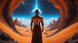 (((Cinematic of giant_man, facing_Shiva_in_the_sky:2, upper_body, Wearing Outfit Dune style, serene, center))), a deep orange Cave, Glowing, aura, energy, floating debris, Film Still, realistic, Venus Frequency vibration, hyper details, Renaissance Sci-Fi Fantasy