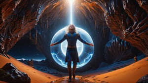 (Cinematic of a young Nordic man kind, white long hair, hovering. Wearing Blue Outfit Dune style, serene), inside a deep orange Cave, perfect knuckles, holding a hovering Cristal sharpen, light on top heaven, ((Epic scene, gate energy)), refers to a place of wild uproar or chaos, polarization, Glowing, aura, energy, floating debris. Modern art style, promptshare.art, horrible scene, Film Still, realistic, Frequency vibration, hyper details, Renaissance Sci-Fi Fantasy, (Close up shot,portrait)