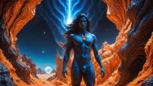 (((Cinematic of giant_man, Shiva:2, upper_body, in the sky. Wearing Blue Outfit Dune style, serene, center))), a deep orange Cave, Glowing, aura, energy, floating debris, Film Still, realistic, Venus Frequency vibration, hyper details, Renaissance Sci-Fi Fantasy