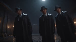 (((view from below, looking down, close up shot, First-person camera))), Cinematic of 3 men in black coats, Fedora hat, standing around a man as camera laying on stable, wet, mire, dark scene, heavy rain, mid-century. Film Still, realistic, dark color, hyper details, ((center:1.5)), top_view:2, circle, Masterpiece, 8k Resolution Artstation, Unreal Engine 5, Cgsociety, Octane Photograph, sharp focus