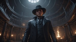 (((view from below, looking down, close up shot, First-person video game))), Cinematic of group man in black coats, Fedora hat, standing around a man dead on stable, wet, mire, dark scene, heavy rain, mid-century. Film Still, realistic, dark color, hyper details, ((center:1.5)), top_view:2, circle, Masterpiece, 8k Resolution Artstation, Unreal Engine 5, Cgsociety, Octane Photograph, sharp focus