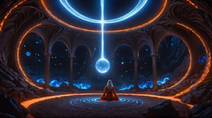 (Cinematic of a zen man Nordic kind, white long hair, hovering body, meditating. Wearing Blue Outfit Dune style, serene), inside a deep orange Cave, perfect knuckles, holding a hovering Cristal sharpen, cultivating immortals, magical, abstract, dark, (swirling_lights:1.7), bloom, floating object, light on top heaven, ((Epic scene, gate energy)), refers to a place of wild uproar or chaos, polarization, Glowing, aura, energy, floating debris. Modern art style, promptshare.art, horrible scene, Film Still, realistic, Frequency vibration, hyper details, Renaissance Sci-Fi Fantasy, (Closeup_shot:2)
