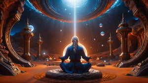 (Cinematic of a zen master Nordic man kind, white long hair, hover-meditating. Wearing Blue Outfit Dune style, serene), inside a deep orange Cave, perfect knuckles, holding a hovering Cristal sharpen, light on top heaven, ((Epic scene, gate energy)), refers to a place of wild uproar or chaos, polarization, Glowing, aura, energy, floating debris. Modern art style, promptshare.art, horrible scene, Film Still, realistic, Frequency vibration, hyper details, Renaissance Sci-Fi Fantasy, (Close up shot,Low Angle)