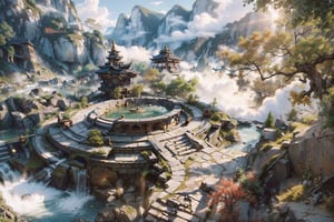 (8k, best quality, top level: 1.1), (((ancient round yard))), ((high mountains and white clouds)), is build above the clouds, ((Acient pagoda)), ((round yard)), monks, morning glow, sunrise, background, flowing water and detailed elements below.