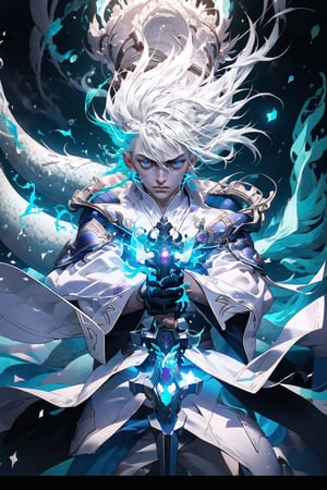 1male, 16k, hd, detailed, futuristic, masterpiece, sword, (((white assasin clothes))), complex_background, detailed face, (beautiful detailed eyes), High contrast, (best illumination, an extremely delicate and beautiful), warzone, blue flames, glow, glowing weapon, light particles, (((long white hair))), white clouds behind, long bangs, soft cloth, shining blade, long blade, scenery, white dragon, GREEN FIRE, BLUE FIRE, PURPLE FIRE,