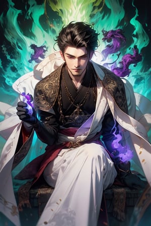 1boy, soft boy, little mustache, detailed face realistic, thin nose, long_black_hair, long_bangs, slicked_back_hair, (detailed hair:1.3), pale skin, (Japanese Fashion), ((white monk cloth)), black gloves, black boots, shining glow, Ki Charge, GREEN FIRE, BLUE FIRE, PURPLE FIRE,(((niji3))), (mantra),prompto argentum ,r1ge
