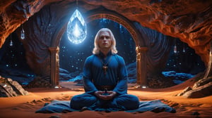(Cinematic of a young Nordic man, white long hair, meditating. Wearing Blue Outfit Dune style, serene), inside a deep orange Cave, holding a hovering Cristal sharpen, light on top heaven, ((Epic scene, gate energy)), refers to a place of wild uproar or chaos, polarization, Glowing, aura, energy, floating debris. Modern art style, promptshare.art, horrible scene, Film Still, realistic, Frequency vibration, hyper details, Renaissance Sci-Fi Fantasy, (Close up shot,portrait)