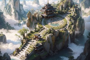 (8k, best quality, top level: 1.1), (((ancient round yard))), ((high mountains and white clouds)), is build above the clouds, ((Acient pagoda)), ((round yard)), monks, morning glow, sunrise, background, flowing water and detailed elements below.