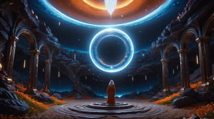 (Cinematic of a zen master Nordic man kind, white long hair, hovering body, meditate. Wearing Blue Outfit Dune style, serene), inside a deep orange Cave, perfect knuckles, holding a hovering Cristal sharpen, magical, abstract, dark, swirling lights, bloom, floating object, light on top heaven, ((Epic scene, gate energy)), refers to a place of wild uproar or chaos, polarization, Glowing, aura, energy, floating debris. Modern art style, promptshare.art, horrible scene, Film Still, realistic, Frequency vibration, hyper details, Renaissance Sci-Fi Fantasy, (Closeup_shot:2, Low Angle)