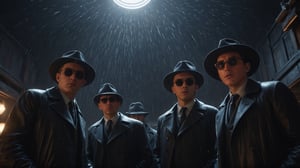 (((view from below, looking down, close up shot, First-person camera))), Cinematic of 3 men in black coats, Fedora hat, sunglasses, tanding around a man as camera laying on stable, wet, mire, dark scene, heavy rain, mid-century. Film Still, realistic, dark color, hyper details, ((center:1.5)), top_view:2, circle, Masterpiece, 8k Resolution Artstation, Unreal Engine 5, Cgsociety, Octane Photograph, sharp focus