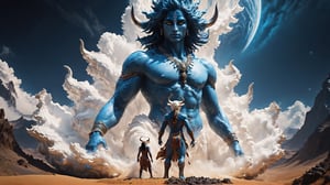 (((Cinematic of giant cloud shape like Shiva blue skin and white bull, in_the_sky:2))), serene, Epic scene, God of destruction, ((a person wearing Outfit Dune style go ahead)). Universe, galaxy, Glowing, aura, energy, floating debris, Film Still, realistic, Venus Frequency vibration, hyper details, Renaissance Sci-Fi Fantasy, dust storm, Low Angle