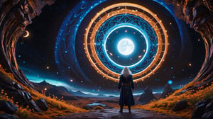 (Cinematic of a zen man Nordic kind, white long hair, he_levitating:2, he flying, calm, upper_body. Wearing Blue Outfit Dune style, serene, center), inside a deep orange Cave, perfect knuckles, holding a hovering Cristal sharpen, cultivating immortals, magical, abstract, dark, (swirling_lights:2), bloom, floating objects, Accient Tree of Life, light on top heaven, ((Epic scene, gate energy)), refers to a place of wild uproar or chaos, polarization, Glowing, aura, energy, floating debris. Modern art style, promptshare.art, horrible scene, Film Still, realistic, Frequency vibration, hyper details, Renaissance Sci-Fi Fantasy, ((((Close-up_shot:2)))