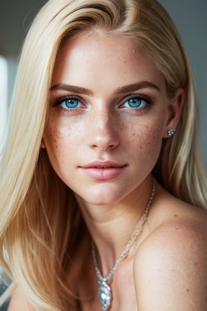 blond girl, freckles: 0.2, attractive, ultra detailed realistic illustration, detailed beautiful face, full body view, dreamy, glowing, backlit, glamour, shimmer, shadows, strokes, smooth, ultra high definition, 8k, unreal engine 5, ultra sharp focus, highly detailed, vibrant, cinematic production character rendering, very high quality model, full body, hyper detailed photography, soft light, ultra detailed, immensely attractive, extremely appealing, caring and playful expressions, detailed face, detailed eyes, mesmerizing beauty, show full body, gorgeous bedroom, Diamond necklace, Diamond earrings, sitting_down, leg_spread, perfect vagina,perfecteyes