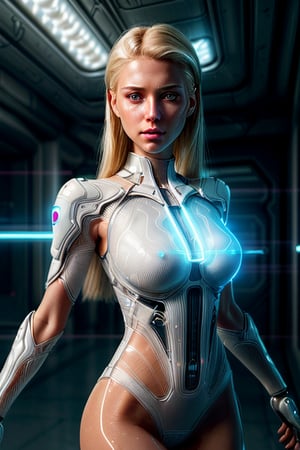 A gorgeous, angelically beautiful blonde woman from the future, dressed in a futuristic white bodysuit with small translucent panels and subtle technology, photorealistic portrait, medium length hair with undercut, crystal clear light blue eyes, confident powerful stance, intricate neon blue cybernetic accents, glowing radiant skin, cinematic backlighting, highly detailed, digital painting in the photorealistic style of Denis Loebner,perfecteyes