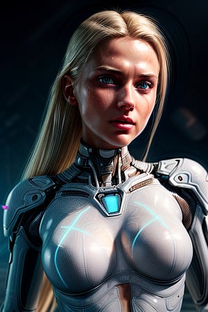 A gorgeous, angelically beautiful blonde woman from the future, dressed in a futuristic white bodysuit with small translucent panels and subtle technology, photorealistic portrait, medium length hair with undercut, crystal clear light blue eyes, confident powerful stance, intricate neon blue cybernetic accents, glowing radiant skin, cinematic backlighting, highly detailed, digital painting in the photorealistic style of Denis Loebner,perfecteyes